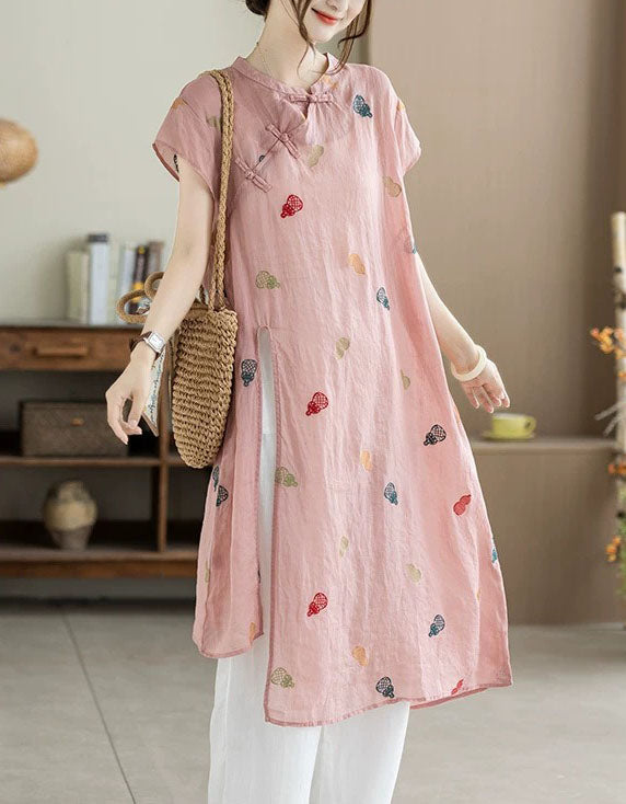 Pink Cotton Linen Embroidered Casual Midi Dress