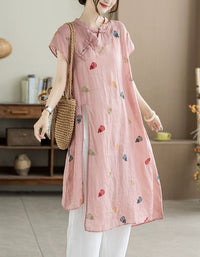 Pink Cotton Linen Embroidered Casual Midi Dress