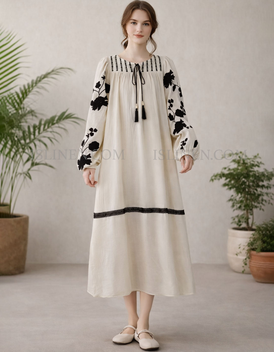 Front view of floral embroidered boho dress for women