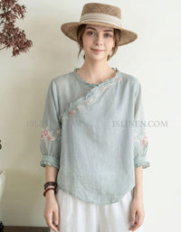 women floral embroidered linen blouse light blue loose top