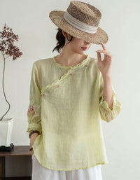 cotton linen blouse women embroidery detail casual wear