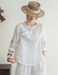 floral embroidery detail linen top women vintage style