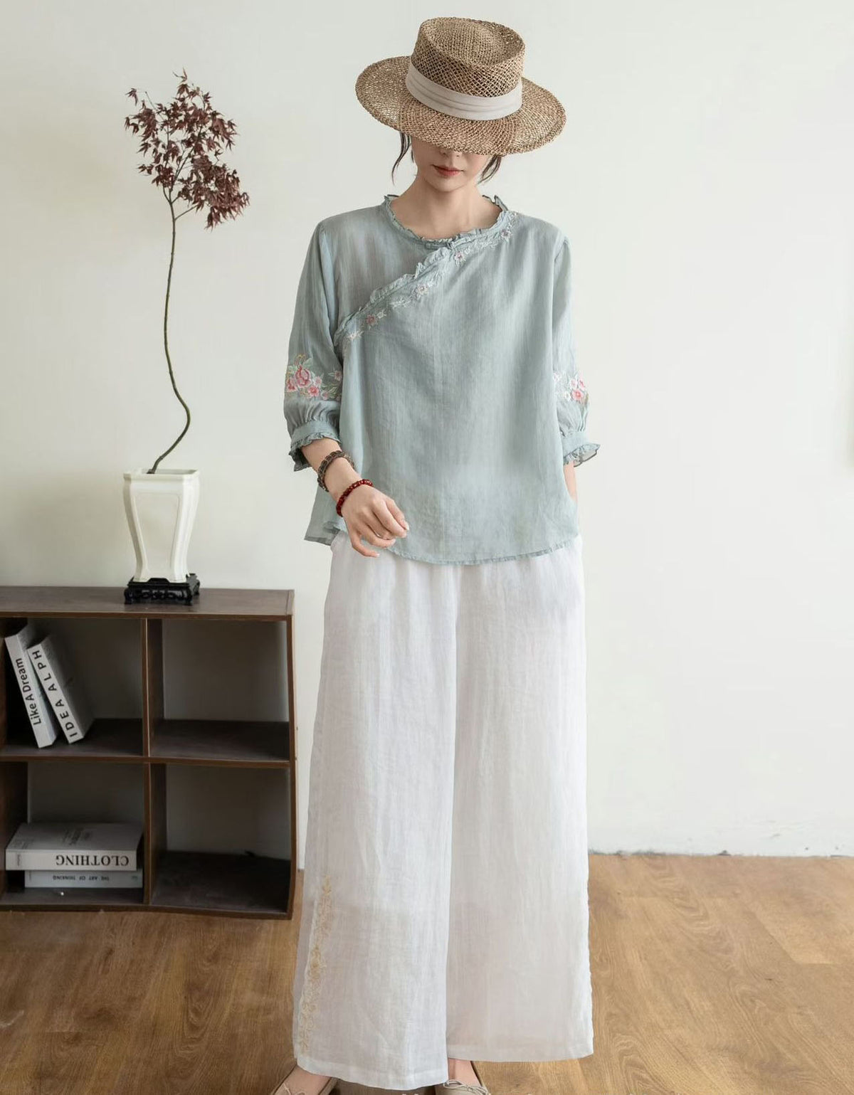 Women Cotton Linen Blouse Floral Embroidery Loose Fit Top