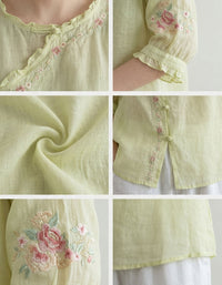 Women Linen Blouse Floral Embroidery Half Sleeve Loose Top