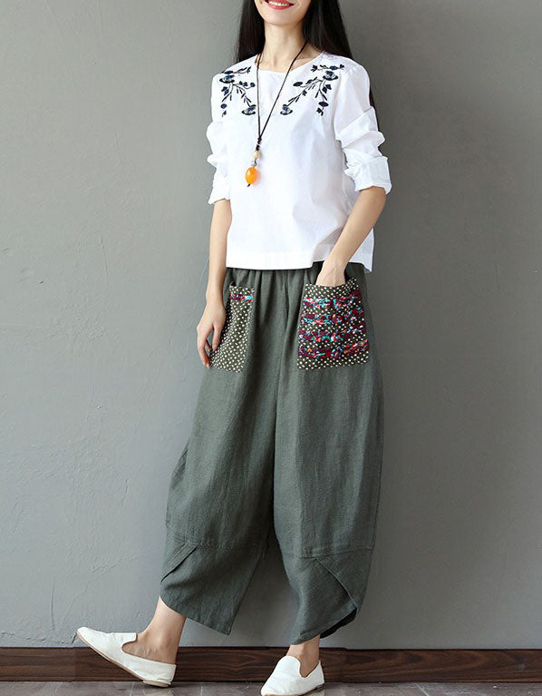 Women’s army green wide-leg pants styled with brown shoes and a casual sweater.