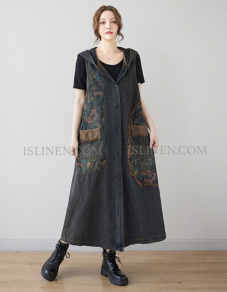 Women Vintage Denim Hooded Dress Floral Patchwork Button Front Loose Fit Maxi Dress