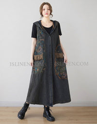Women Vintage Denim Hooded Dress Floral Patchwork Button Front Loose Fit Maxi Dress
