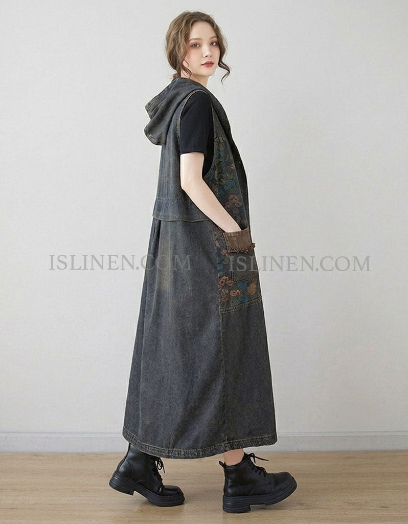 Women Denim Maxi Dress Hooded Button Front Floral Patchwork Casual Loose Dress