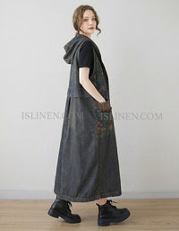 Women Denim Maxi Dress Hooded Button Front Floral Patchwork Casual Loose Dress