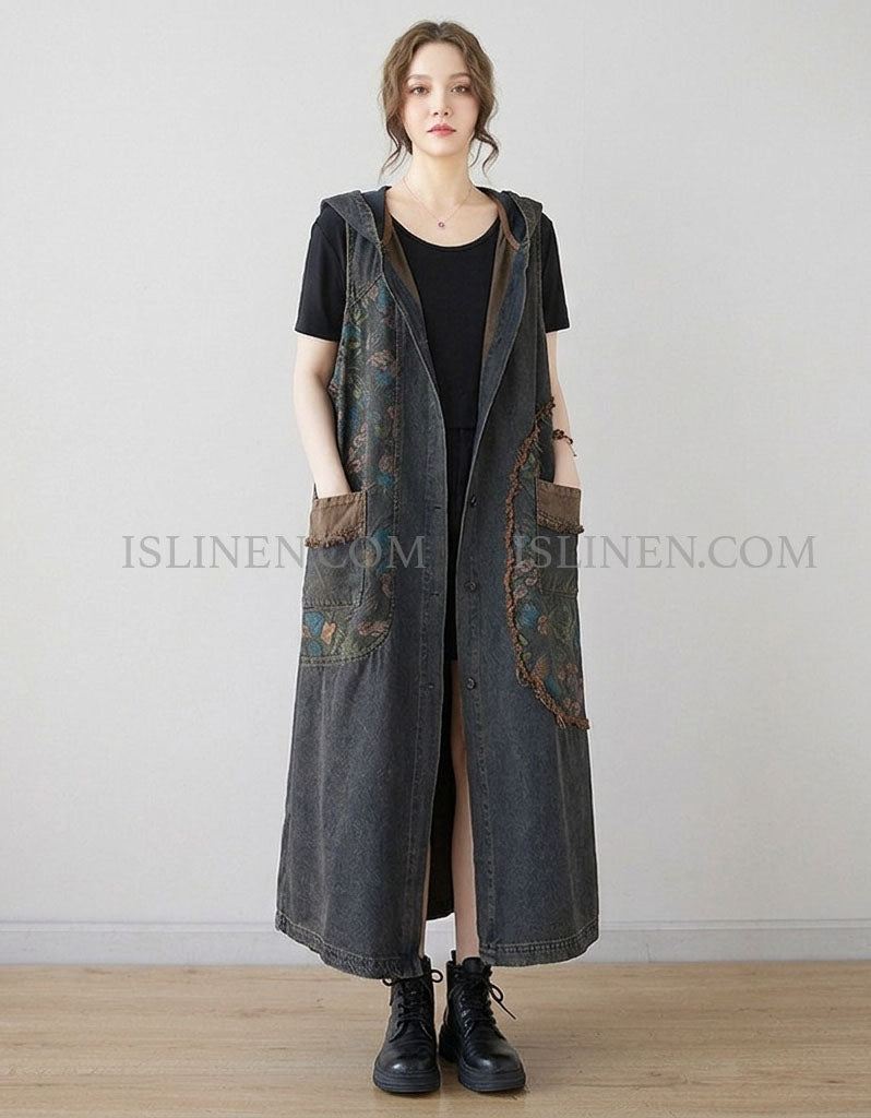 Boho Denim Hooded Maxi Dress Women Floral Patchwork Sleeveless Loose Fit Dress