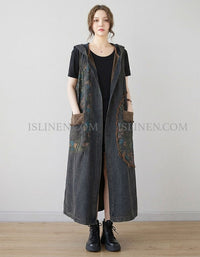 Boho Denim Hooded Maxi Dress Women Floral Patchwork Sleeveless Loose Fit Dress