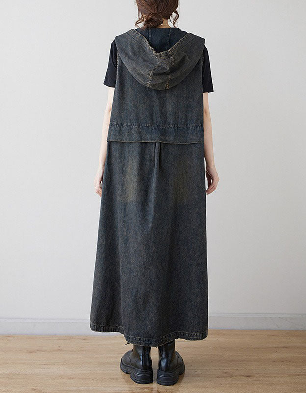 Vintage Denim Hooded Dress Women Floral Patchwork Sleeveless Long Dress Loose Fit