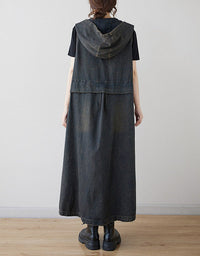 Vintage Denim Hooded Dress Women Floral Patchwork Sleeveless Long Dress Loose Fit