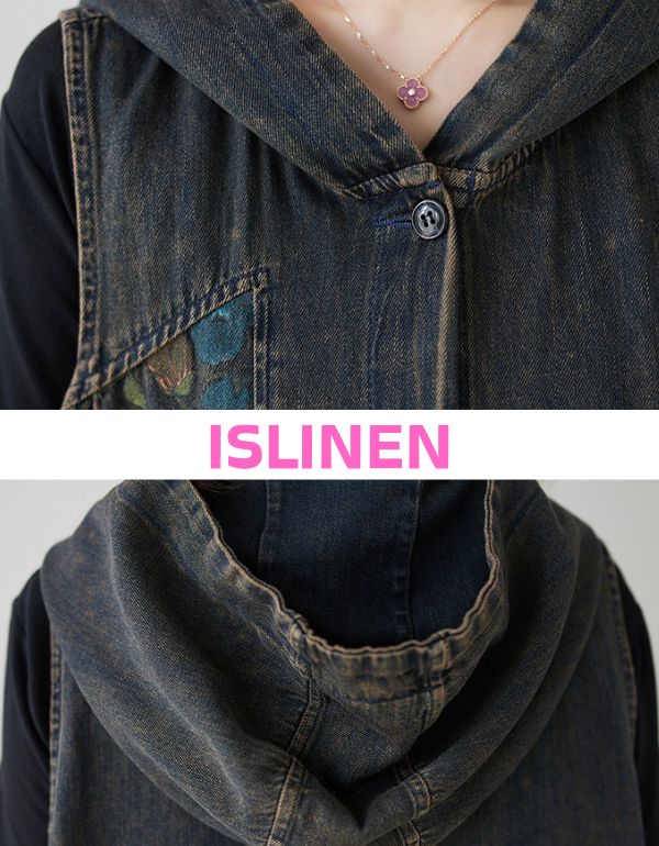 Women Boho Denim Maxi Dress Hooded Floral Patchwork Button Down Casual Dress