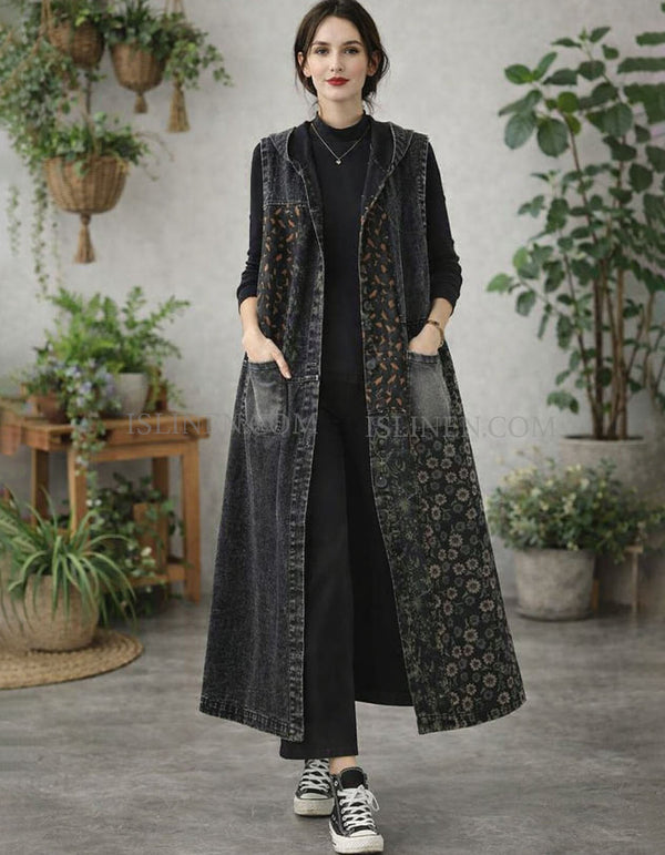 Loose Floral Patchwork Hooded Long Denim Vest for Women Front View