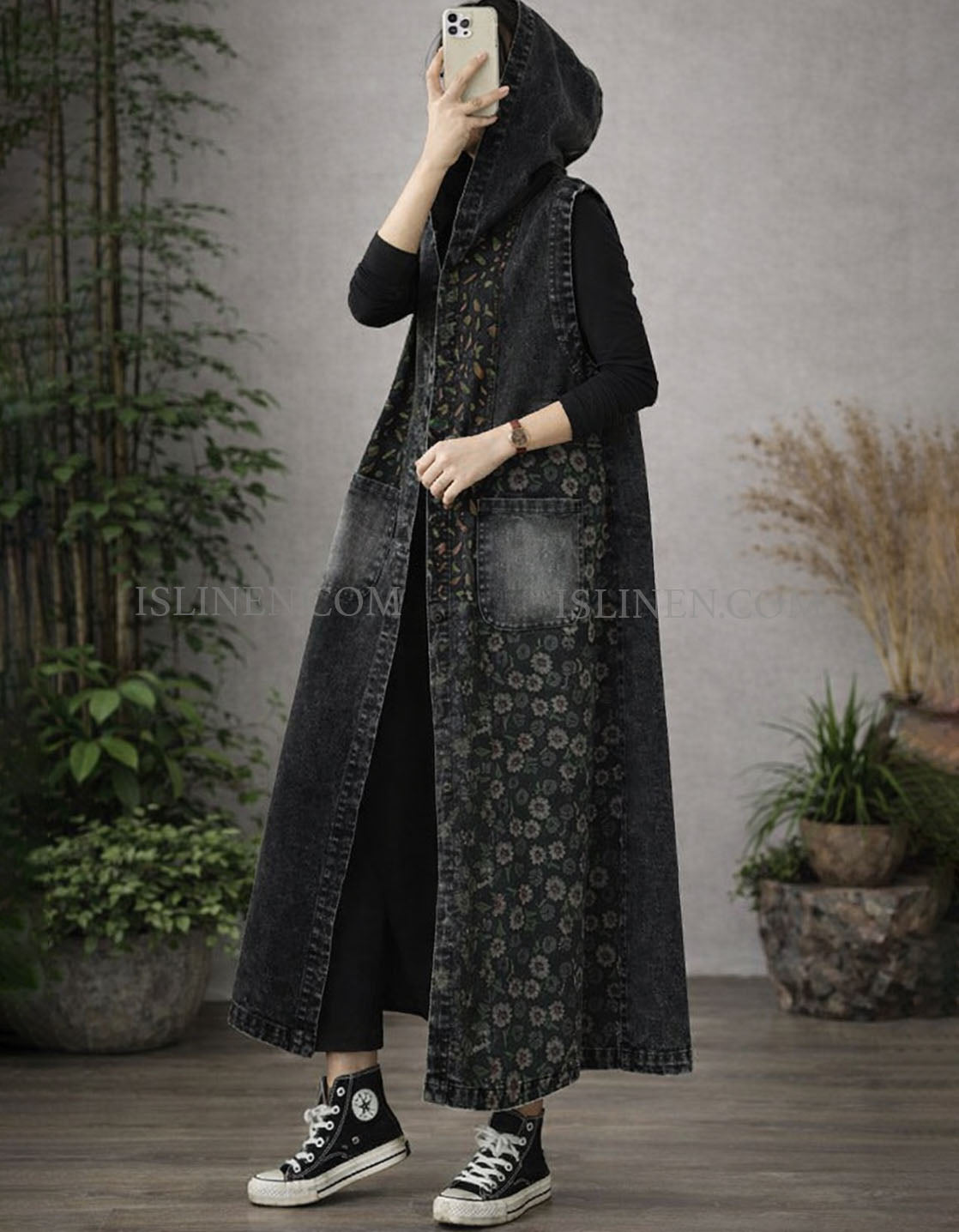 Loose Floral Patchwork Hooded Long Denim Vest for Women Side View