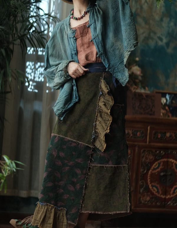 Loose Floral Patchwork Vintage Corduroy Skirt