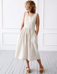 Beige Striped Linen Dress Women Summer Casual Midi