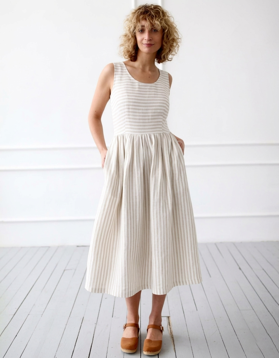Women’s Striped Linen Midi Dress Sleeveless Casual