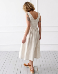 Casual Striped Linen Dress Women Summer Midi Style