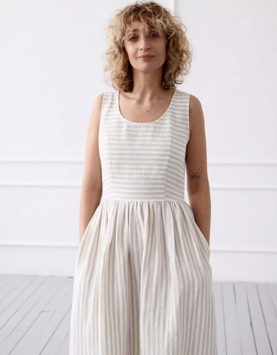 Sleeveless Linen Midi Dress Women Striped Loose Fit