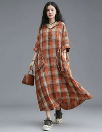 Women orange plaid linen dress long sleeve casual loose fit