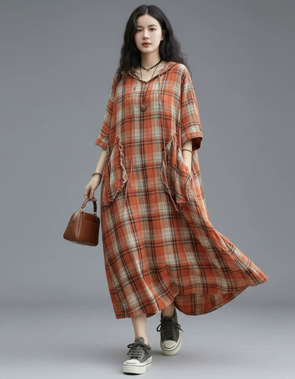 Women orange plaid linen dress long sleeve casual loose fit
