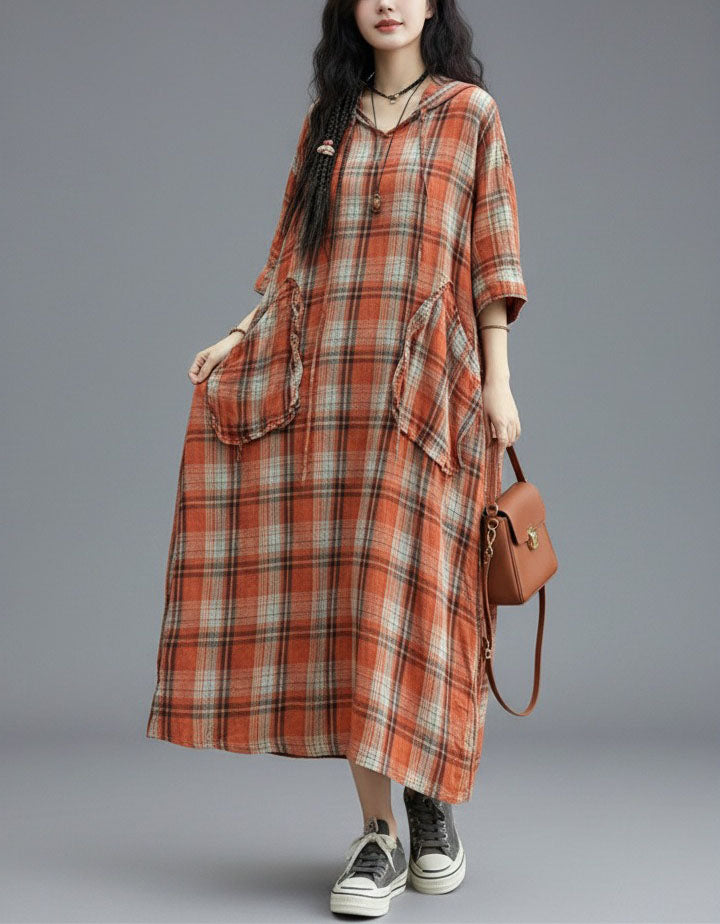 Orange plaid linen dress women pockets comfortable everyday