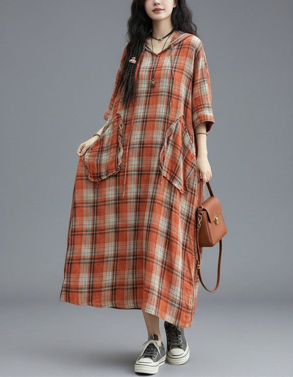 Orange plaid linen dress women pockets comfortable everyday