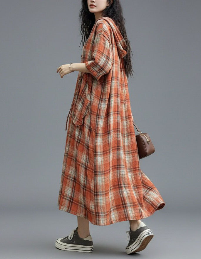 Breathable orange linen dress women long sleeve spring summer