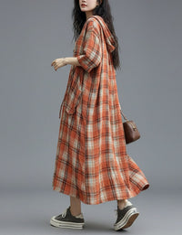 Breathable orange linen dress women long sleeve spring summer