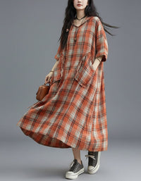 Women linen plaid dress orange relaxed fit casual outfit