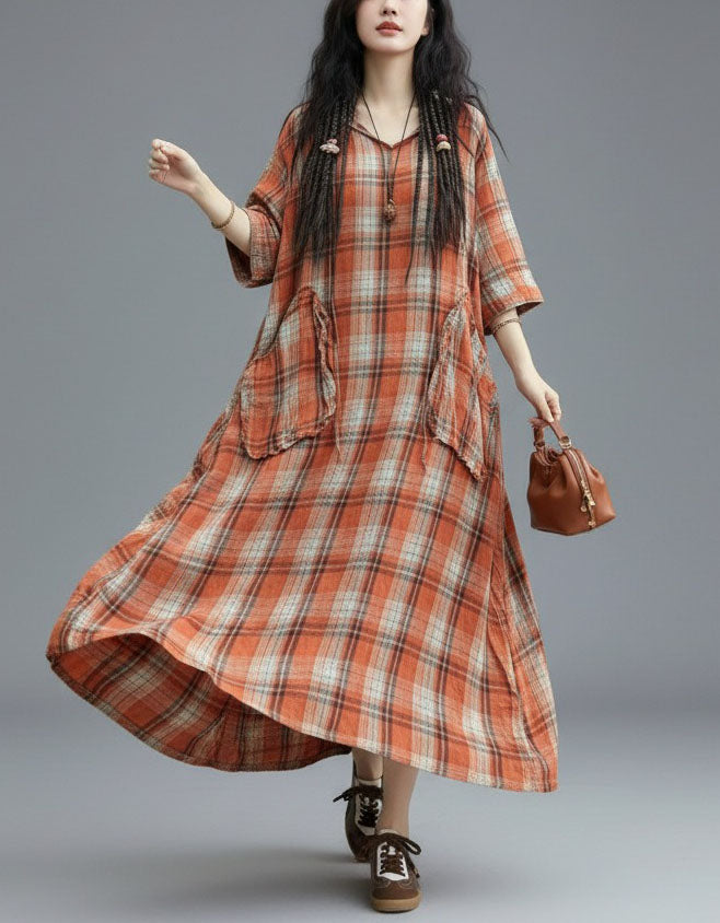Long sleeve loose fit linen dress women casual plaid top