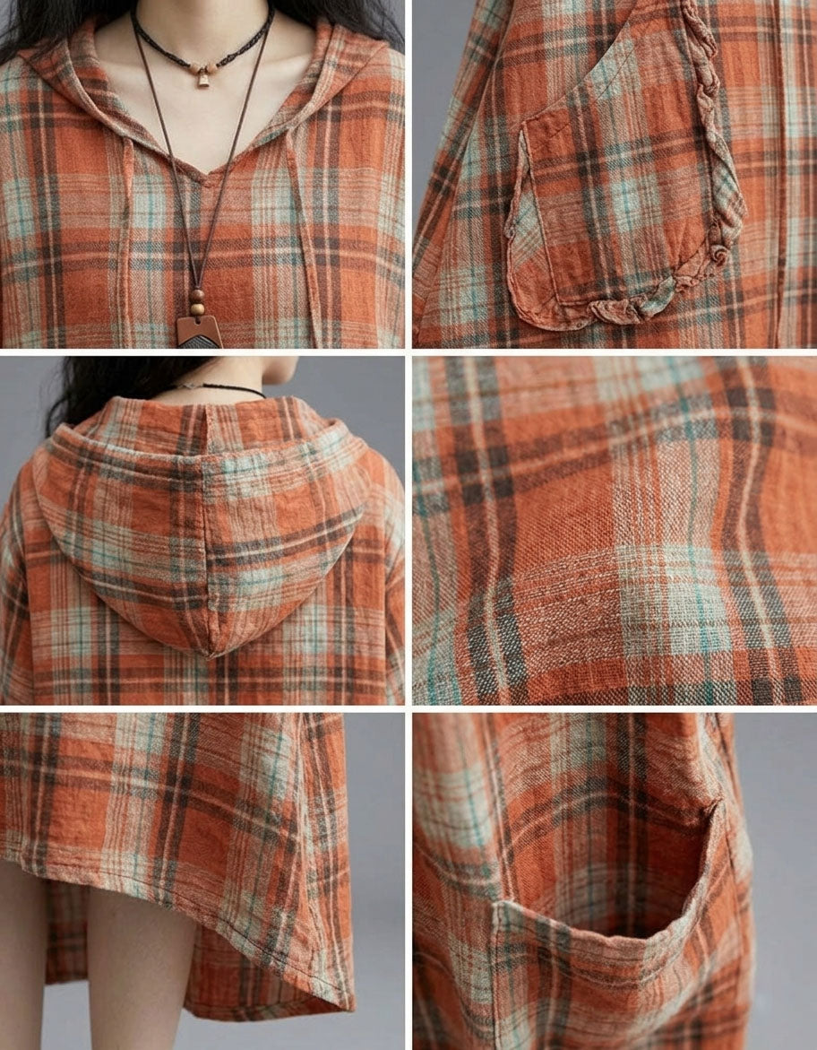 Women Loose Linen Dress Orange Plaid Pockets Casual