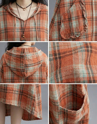 Women Loose Linen Dress Orange Plaid Pockets Casual