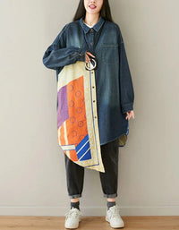 Loose Patchwork Casual Long Denim Shirt - Islinen