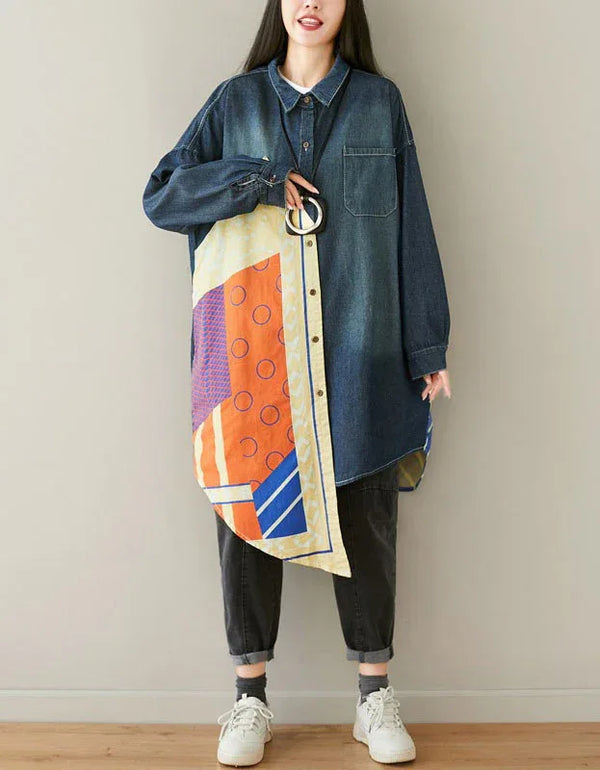 Loose Patchwork Casual Long Denim Shirt - Islinen