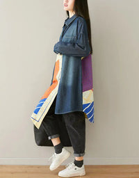 Loose Patchwork Casual Long Denim Shirt - Islinen