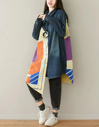 Loose Patchwork Casual Long Denim Shirt - Islinen