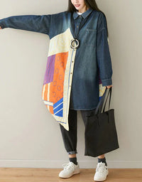 Loose Patchwork Casual Long Denim Shirt - Islinen