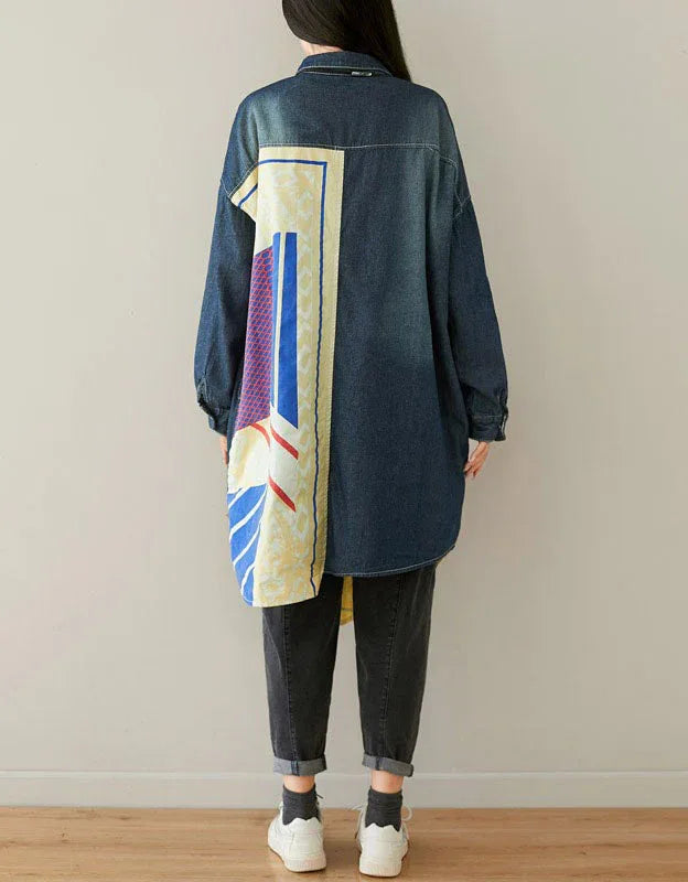 Loose Patchwork Casual Long Denim Shirt - Islinen
