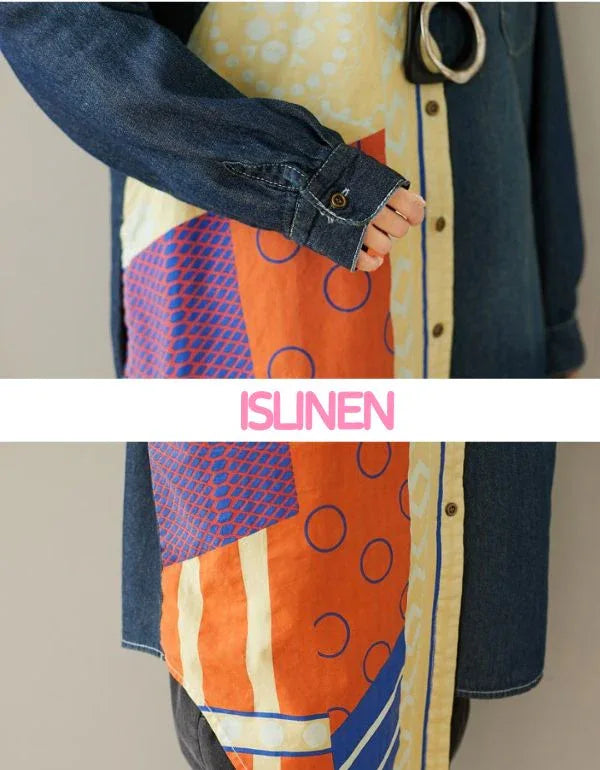 Loose Patchwork Casual Long Denim Shirt - Islinen