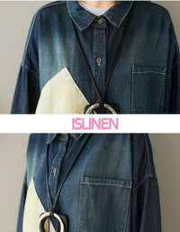 Loose Patchwork Casual Long Denim Shirt - Islinen
