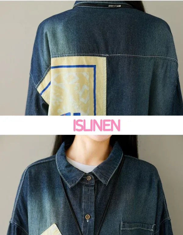 Loose Patchwork Casual Long Denim Shirt - Islinen