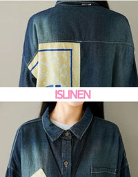 Loose Patchwork Casual Long Denim Shirt - Islinen
