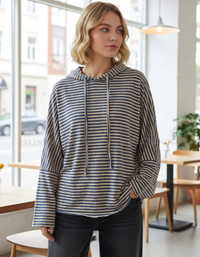 Women’s blue striped hooded long sleeve casual top front view