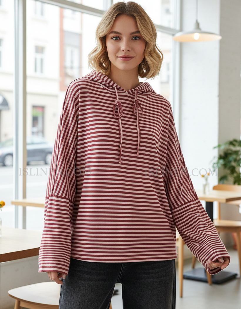 Women’s pink striped hooded long sleeve casual top front view