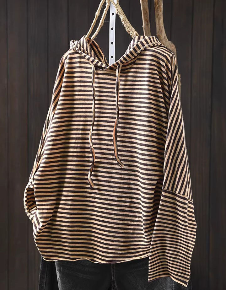 Vintage coffee striped pullover hoodie for women hanging display