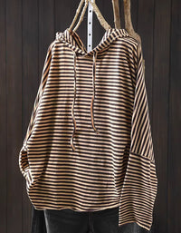 Vintage coffee striped pullover hoodie for women hanging display