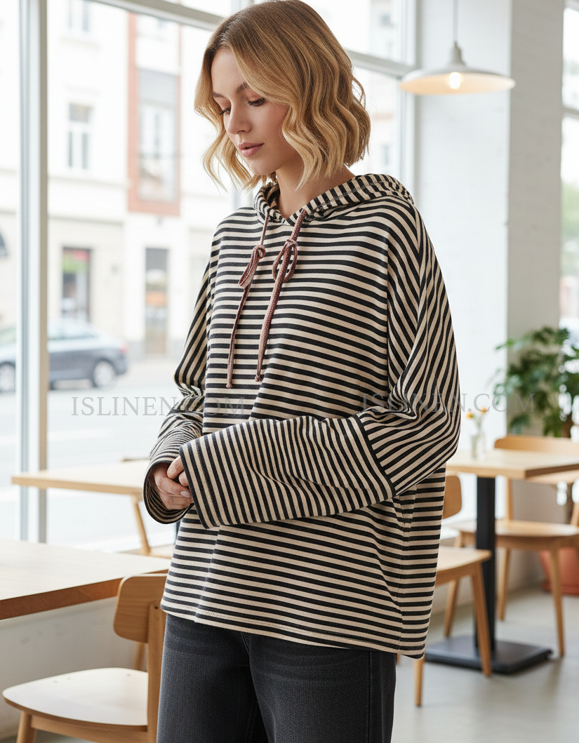 Women’s coffee striped hooded long sleeve casual top front view